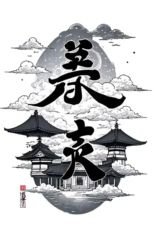 japanese word 'kaizen' surrounded by japanese clouds & japanese buildings tattoo design idea