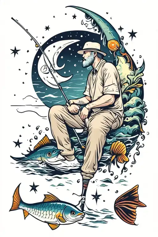 man sitting on crescent moon with fishing pole surrounded by fish and stars tattoo design idea