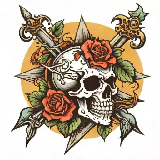 skull a Spears a cross a rose and a sun shining tattoo design idea