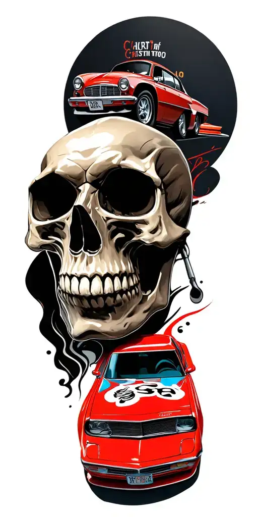 skull and cars racing tattoo design idea