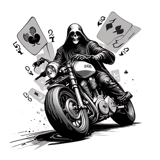 grim reaper riding racing motorcycle with playing cards in the background  tattoo design idea