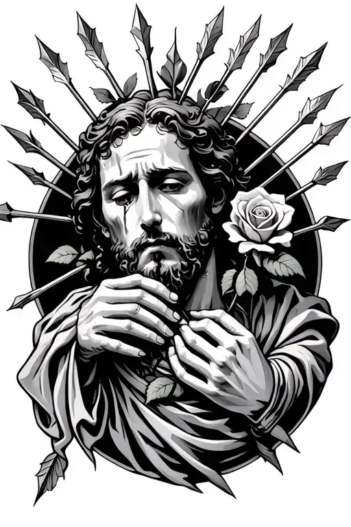 San Sebastiano, pierced by multiple arrows, with the hands linked by two separent, with a rose in the mouth while crying tattoo design idea