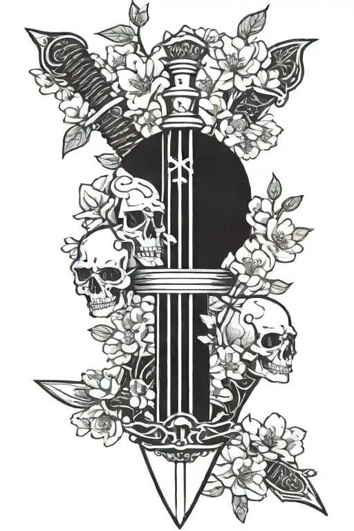 sword with cherry blossoms and 3 skulls surrounded tattoo design idea