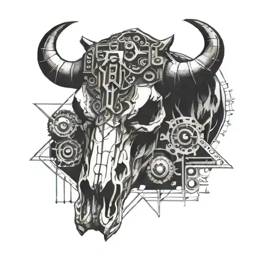 A geometric interpretation of a bull skull intertwined with coal mining tools and machinery tattoo design idea