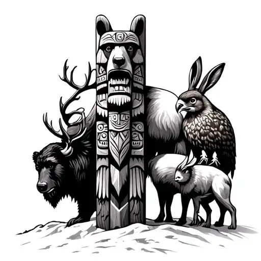 totem pole made up by a black bear, bison, caribou, rabbit, and hawk tattoo design idea