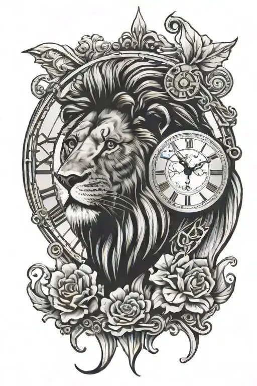 lion and clock face tattoo design idea