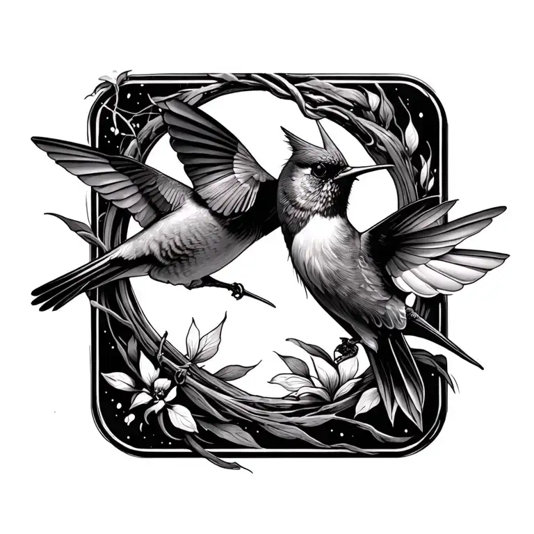 infinity cardinal & hummingbird hovering tattoo design idea