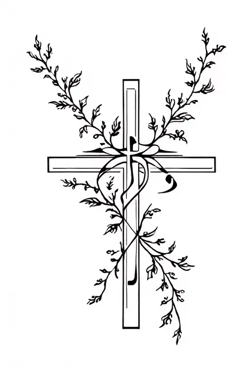 Christian cross with vine, floral, and Hebrew letters for jesus designs intertwined tattoo design idea