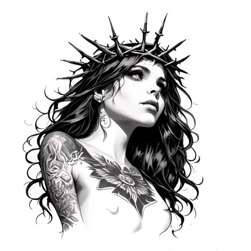 gothic, pretty female, looking up and to her right, with long hair, and a crown of thorns, with tattoos tattoo design idea