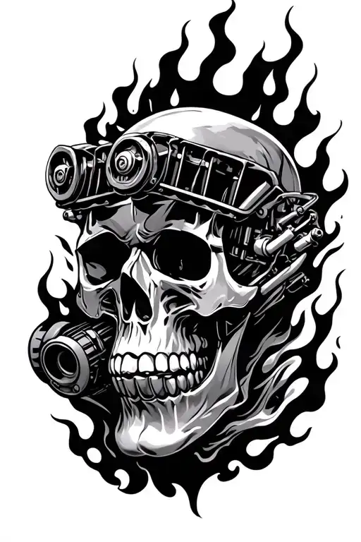 v8 engine coming out of burning skull tattoo design idea