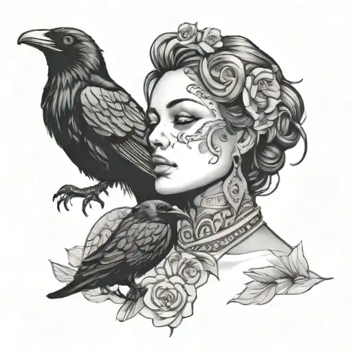 raven and woman face surrounded tattoo design idea