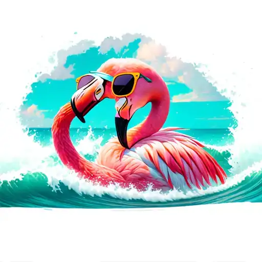 bright pink flamingo wearing sunglasses and sun visor riding through big waves,  tattoo design idea
