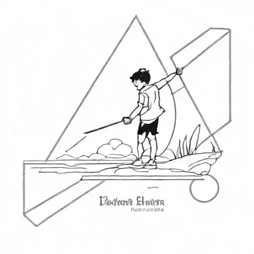 A minimalist tattoo design of a geometric Peter Pan silhouette with the name Peter and date 03.05.2022 incorporated into the design tattoo design idea