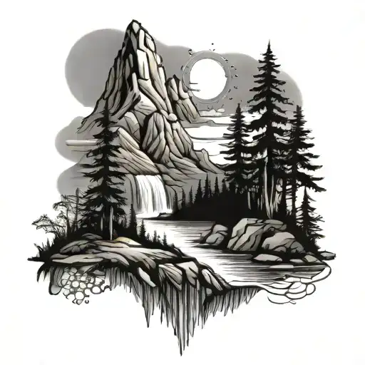 Half sleeve tattoo with mountains trees sun set waterfall and lake all dark colors tattoo design idea