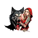 red riding hood pin up girl holding the big bad wolf's severed head off to her side  tattoo design idea