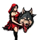 red riding hood pin up girl holding the big bad wolf's severed head off to her side  tattoo design idea