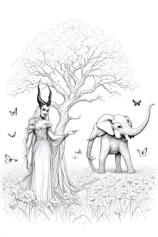 madusa with maleficent standing under a poisonous tree pointing to an elephant in a feild of dandelions and butterflies  tattoo design idea