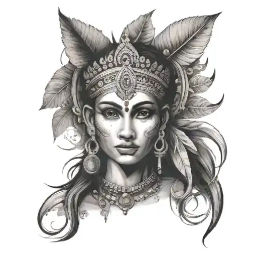 I want to create a single girl face depicting three aspects: the upper head representing an Indian god, the middle face  tattoo design idea