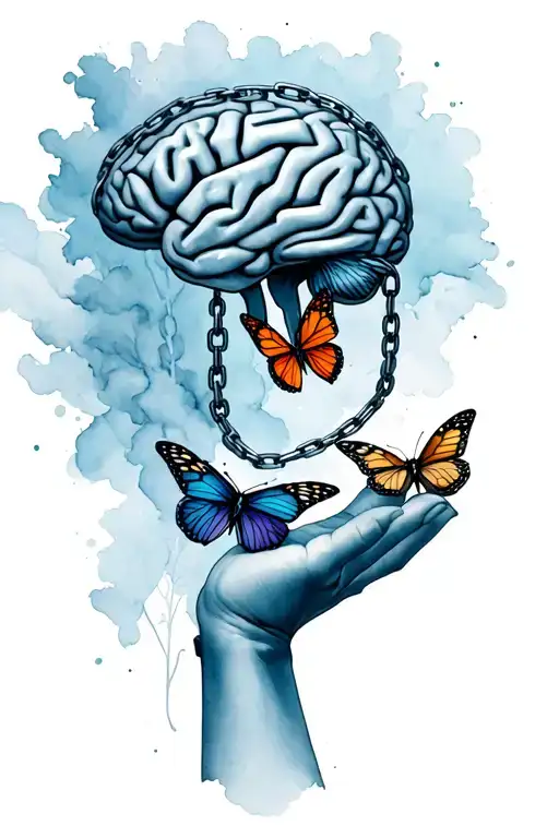 brain wrapped by chain, top of chain wrapped around wrist, hand reaching up to three butterflies  tattoo design idea