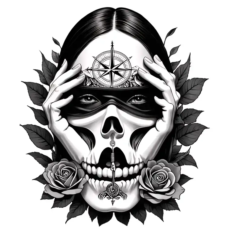 roses, Japanese death mask, compass, mythology tattoo blindfold covering eyes and hands covering ears  tattoo design idea