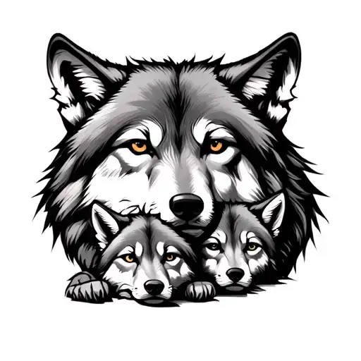 male and female wolf heads, with their cub laying underneath them tattoo design idea