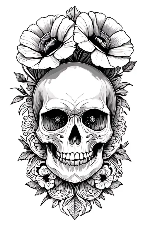 skull and poppies with ornamental lace mandala forearm  sleeve tattoo design idea