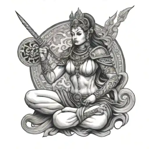 Persien kink female warrior meditating figure surrounded symmetry tattoo design idea
