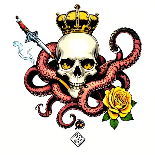 SnakeDaggerAnchorPantherCompassYellow rose (hand)Skull w crown (smoking a cig)Eye (ditch)CardsDiceOctopus (in tattoo design idea