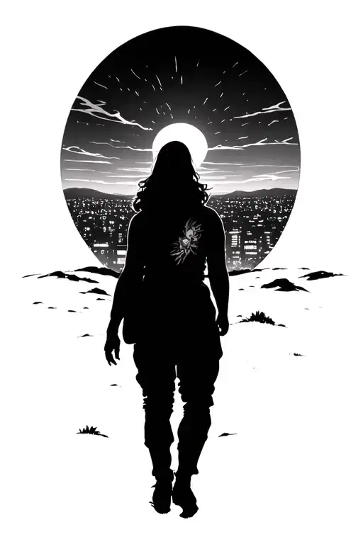 person crossing a hill during sunset. in the distance the lights of a city are starting to shine.  tattoo design idea