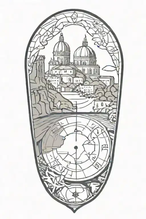 tattoo featuring rome landscape, compass, globe tattoo design idea