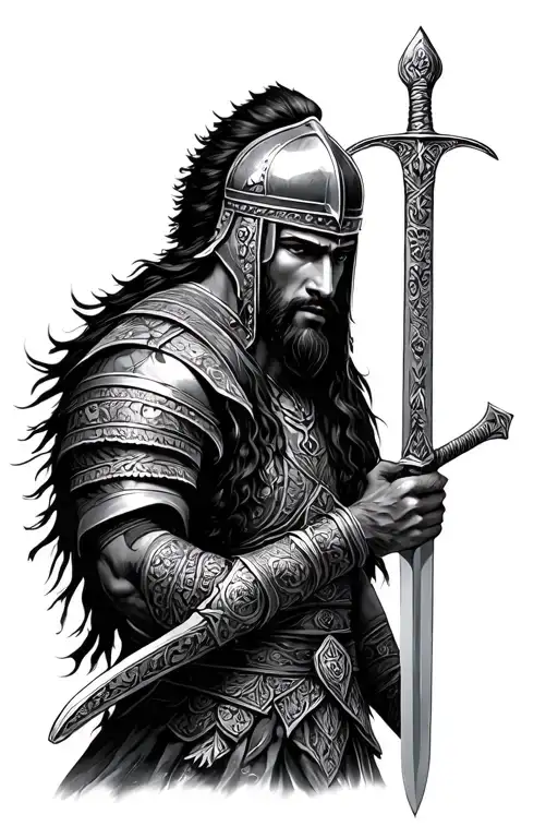 Persian warrior with helmet and sword head down tattoo design idea
