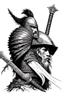 Persian warrior with helmet and sword head down tattoo design idea