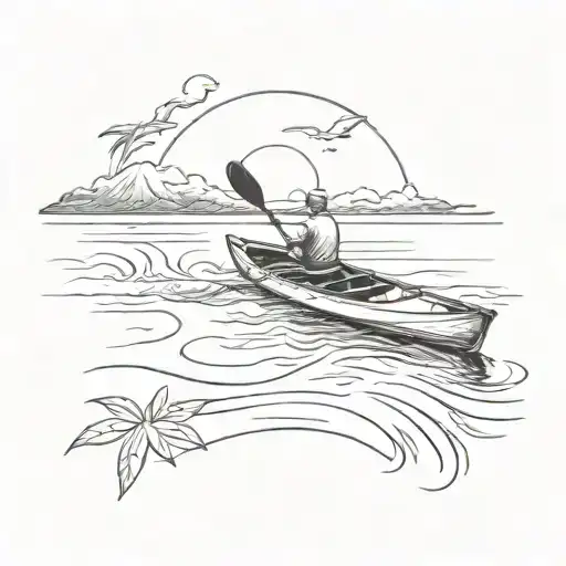 A sketch style tattoo of a kayak paddling towards the sunrise over the beach, representing the start of a new day in sobriety tattoo design idea