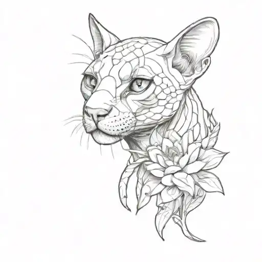 Aggressive snake wrapping around a sphinx cat, neat flowers in the background, in graphic style tattoo design idea