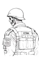 A close-up, first-person perspective of the back of an American zombie soldier wearing a Vietnam War-era uniform. tattoo design idea