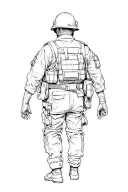 A close-up, first-person perspective of the back of an American zombie soldier wearing a Vietnam War-era uniform. tattoo design idea