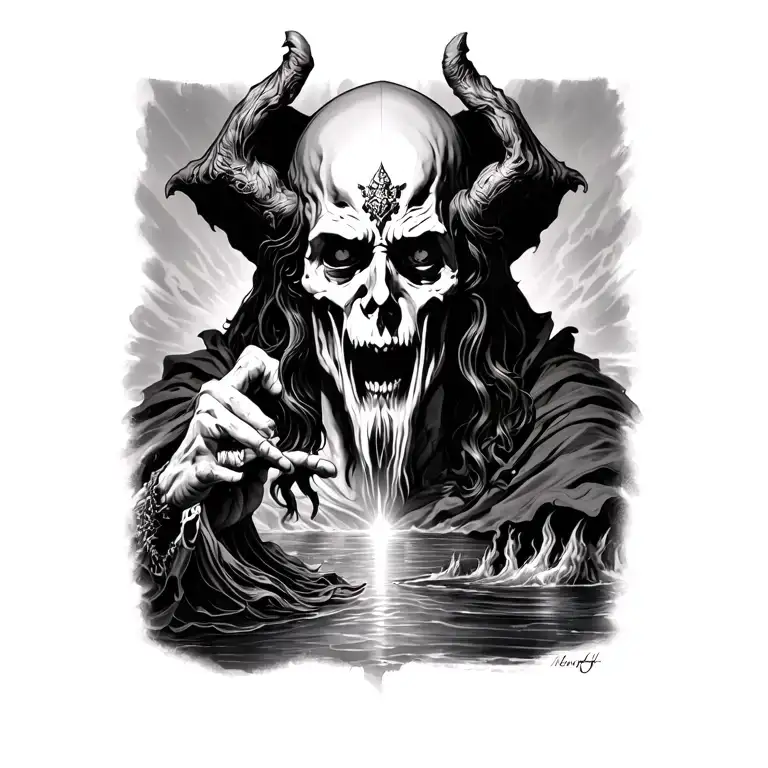 Hades half body portrait with Charon and the river of styx on the bottom half tattoo design idea