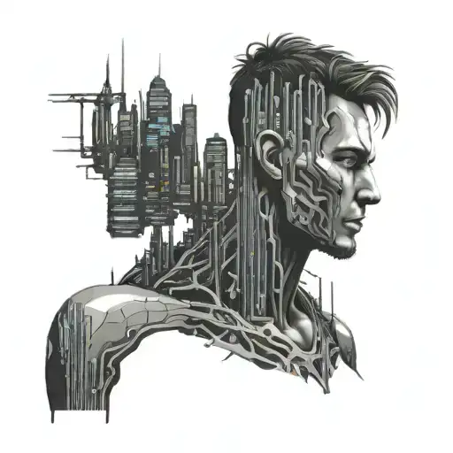 Front view of 2d man bust, filed with cyberpunk city skylines making veins connected to the brain. It and cyberpunk vibe tattoo design idea