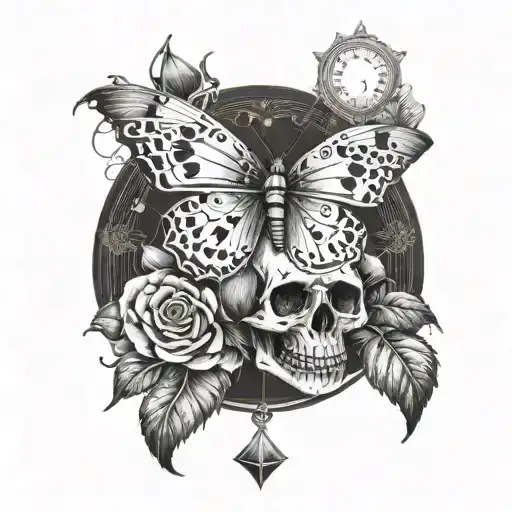 A butterfly with a skull and an hourglass. tattoo design idea