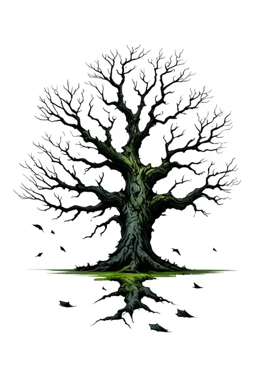 a tree old and weak with little to no leaves on it there are a few falling too the tree is black with a green tint to it tattoo design idea