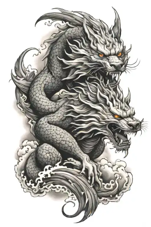 Japanese dragon wrapped around a wolf with storm clouds in the back tattoo design idea
