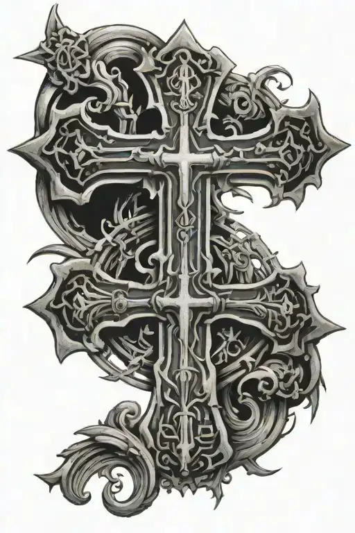 y2k cross and cyber sigilism style back tattoo with tramp stamp tattoo design idea
