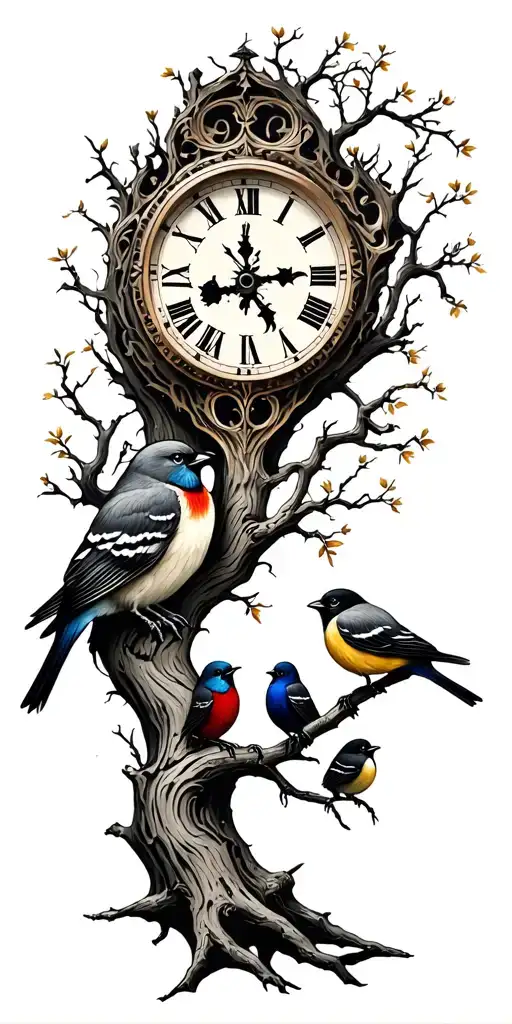 tree with 3 little birds and clock face tattoo design idea