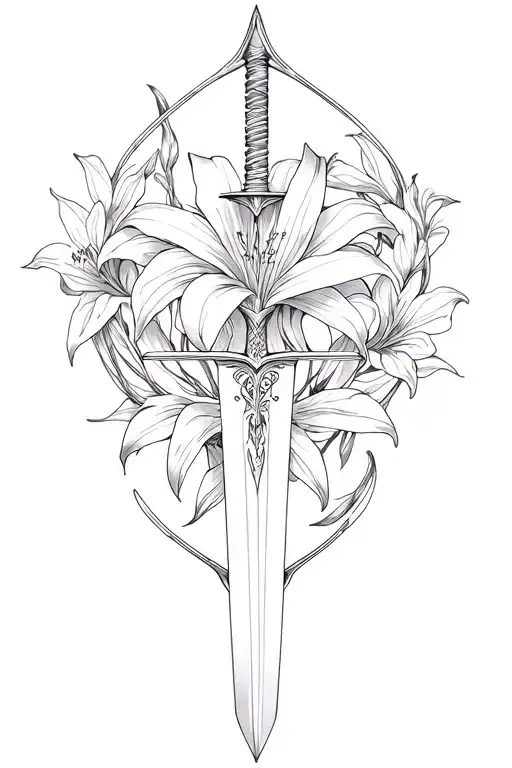 bow and arrow connected to no risk,no story connected to dagger with lily's around it tattoo design idea