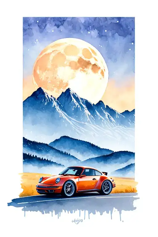  Porsche 911 on the road with mountains and the moon in the back tattoo design idea