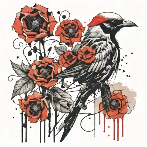 skeleton bird with poppy tattoo design idea