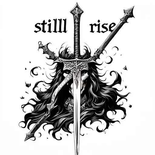 Heaume of Ares, the god of war, transcended by a sword, with the phrase “still I rise” written above. tattoo design idea