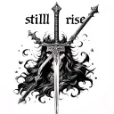Heaume of Ares, the god of war, transcended by a sword, with the phrase “still I rise” written above. tattoo design idea