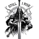 Heaume of Ares, the god of war, transcended by a sword, with the phrase “still I rise” written above. tattoo design idea