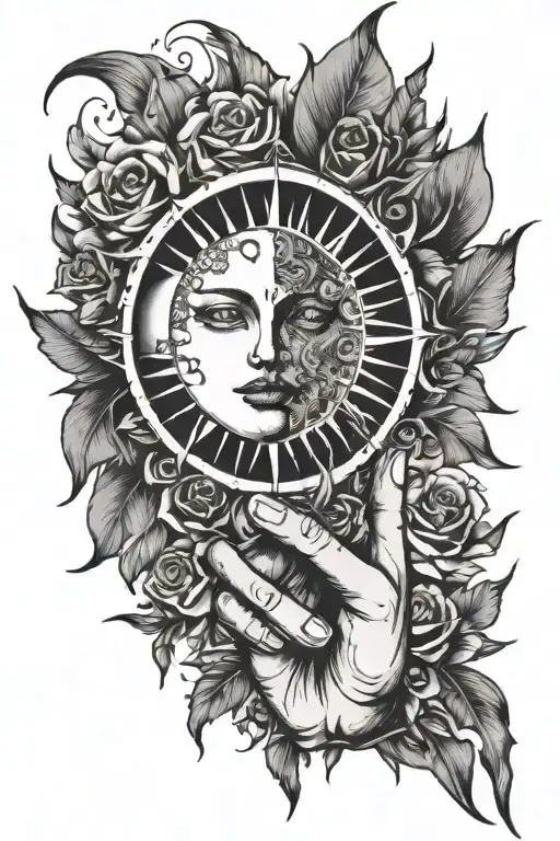  sun and moon floating in an open hand, rose thorns around the hand, fine bohemian style  tattoo design idea